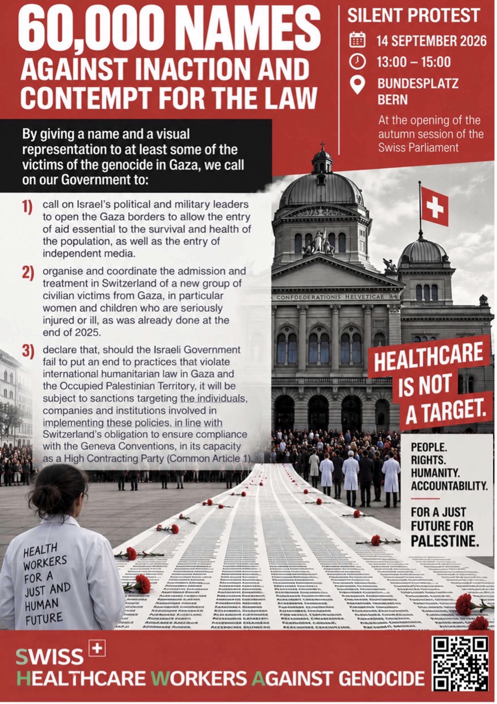 Poster: 60,000 names against inaction and contempt for the law. Silent protest, 14 September 2026, 13:00 to 15:00, Bundesplatz Bern.