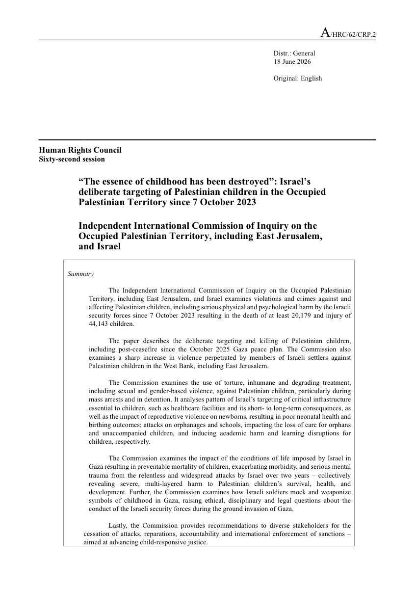 UN Report on Palestinian Children cover